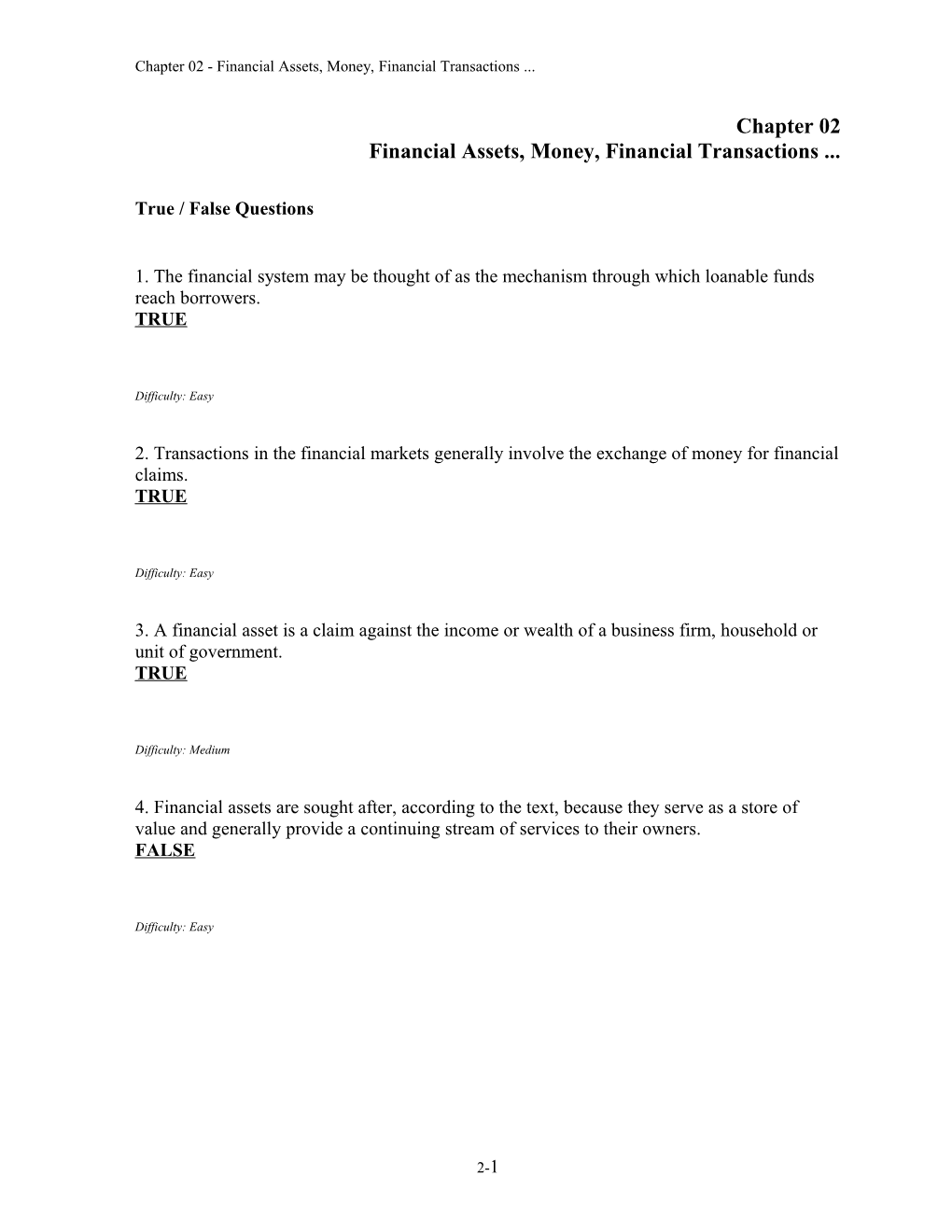 Chapter 02 Financial Assets, Money, Financial Transactions