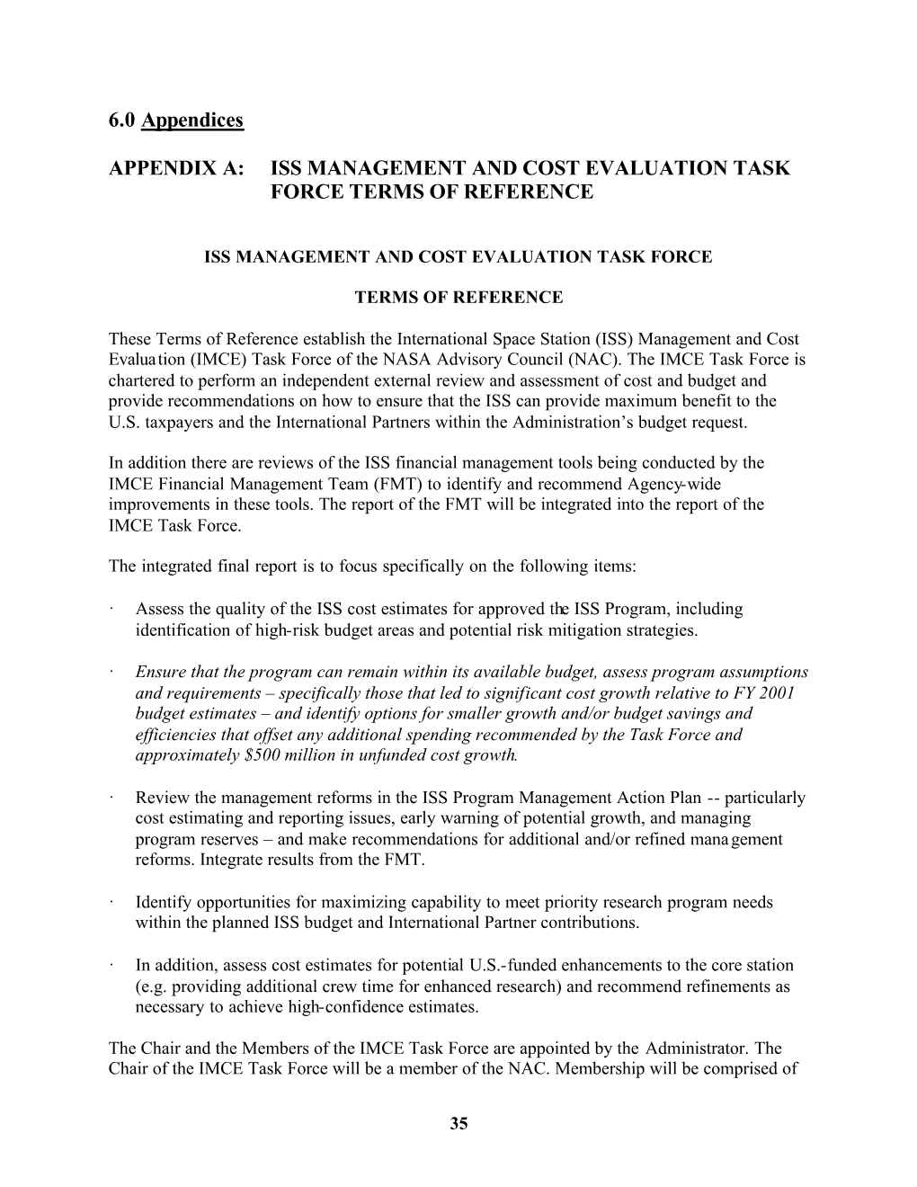 Iss Management and Cost Evaluation Task Force Terms of Reference