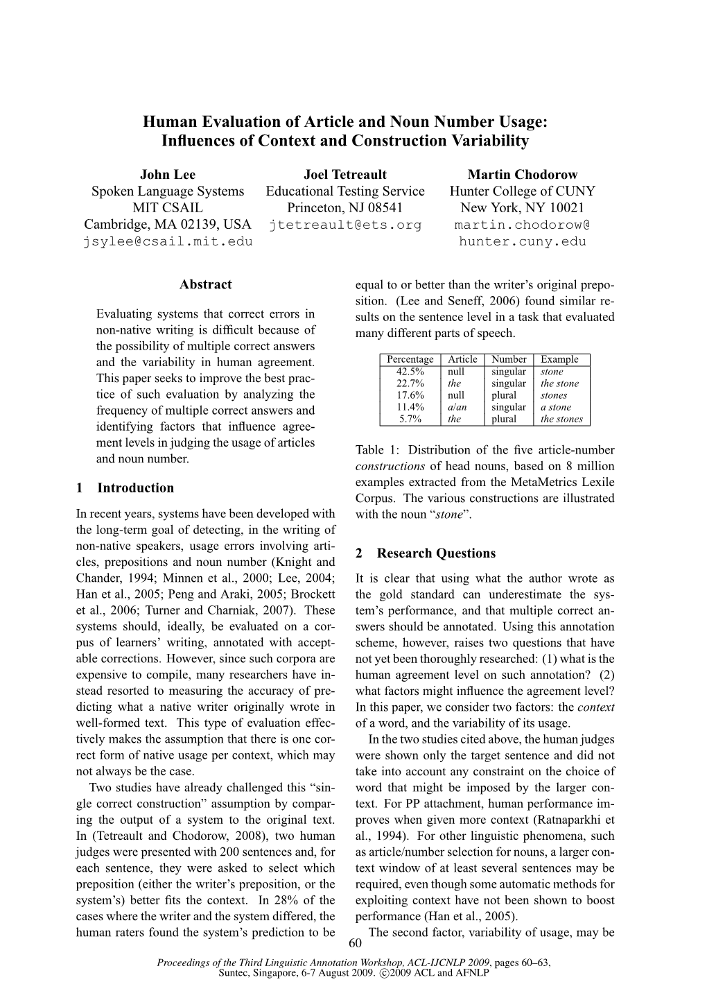 Human Evaluation of Article and Noun Number Usage: Inﬂuences of Context and Construction Variability