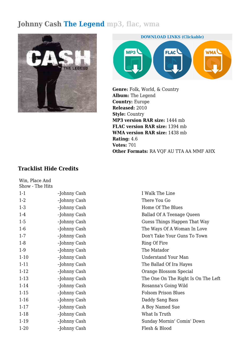 Johnny Cash the Legend Mp3, Flac, Wma