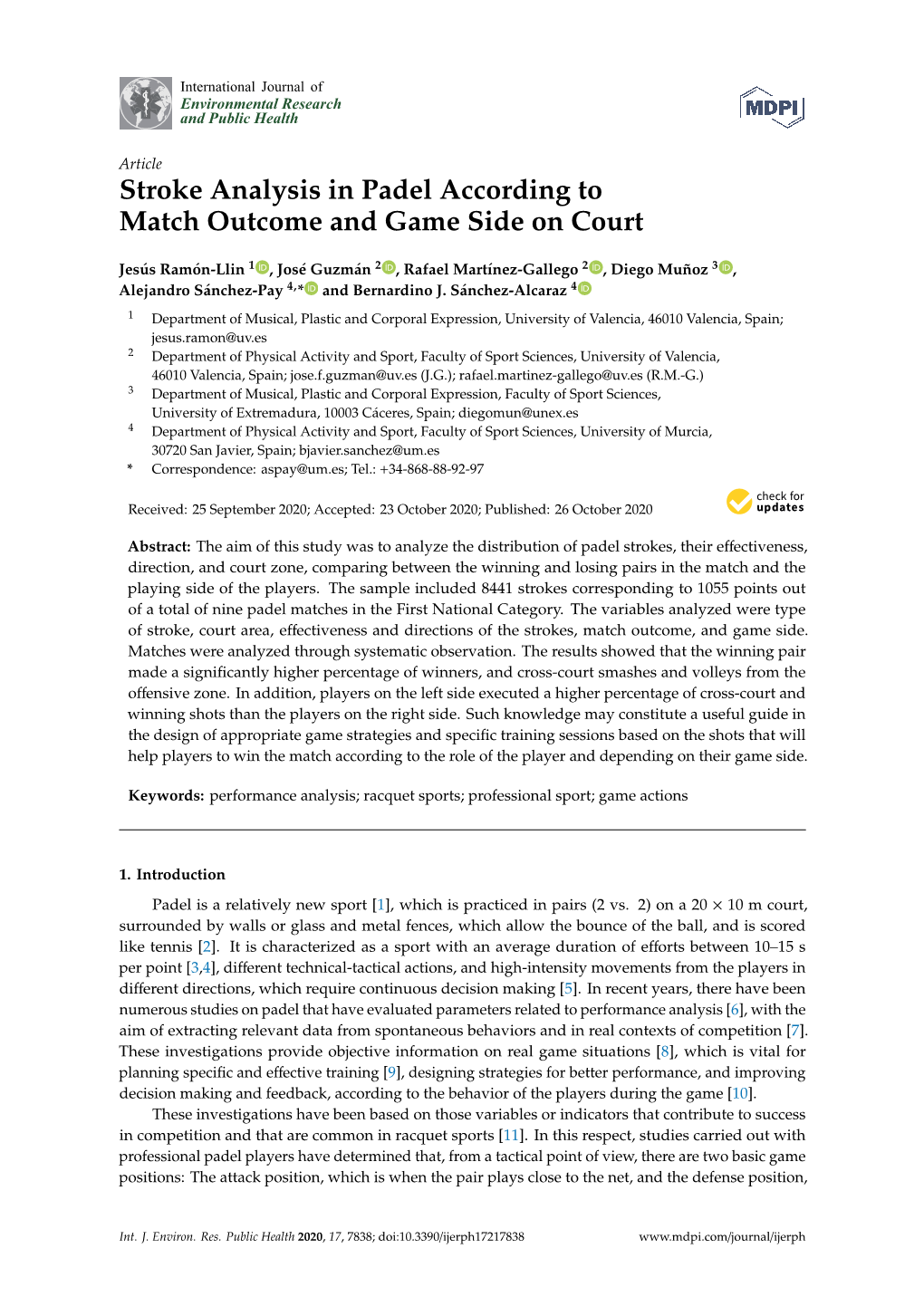 Stroke Analysis in Padel According to Match Outcome and Game Side on Court