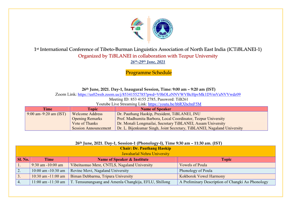 1St International Conference of Tibeto-Burman Linguistics Association of North East India (Ictiblanei-1) Organized by Tiblanei I