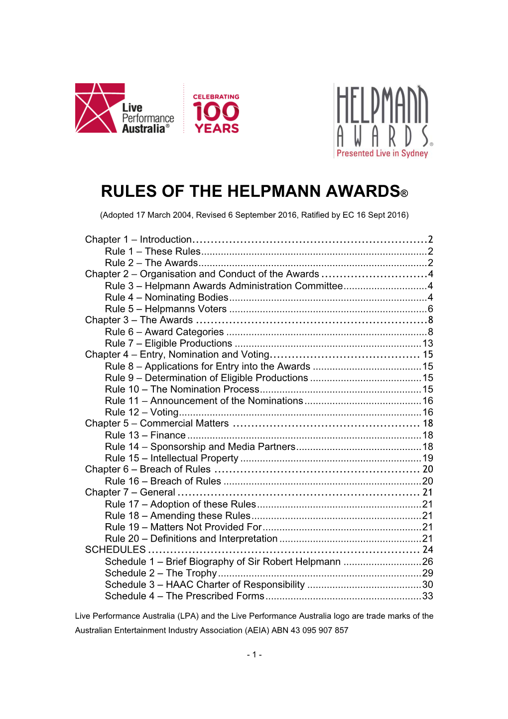 Rules of the Helpmann Awards®