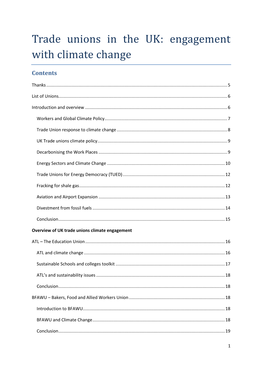 Trade Unions in the UK: Engagement with Climate Change