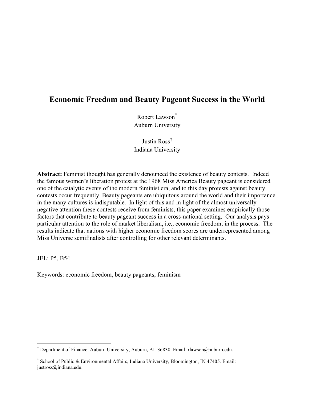 Economic Freedom and Beauty Pageant Success in the World