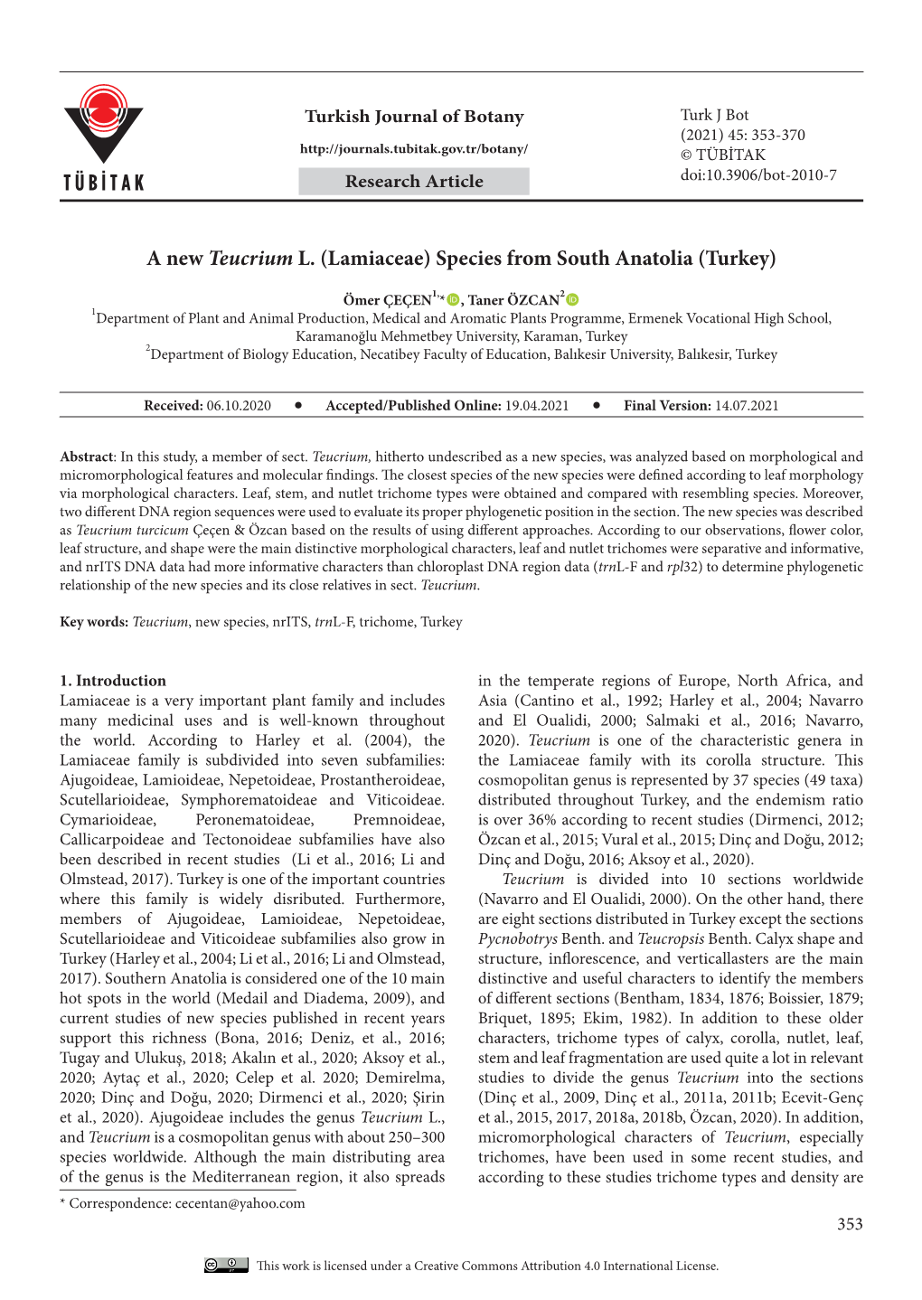 A New Teucrium L. (Lamiaceae) Species from South Anatolia (Turkey)