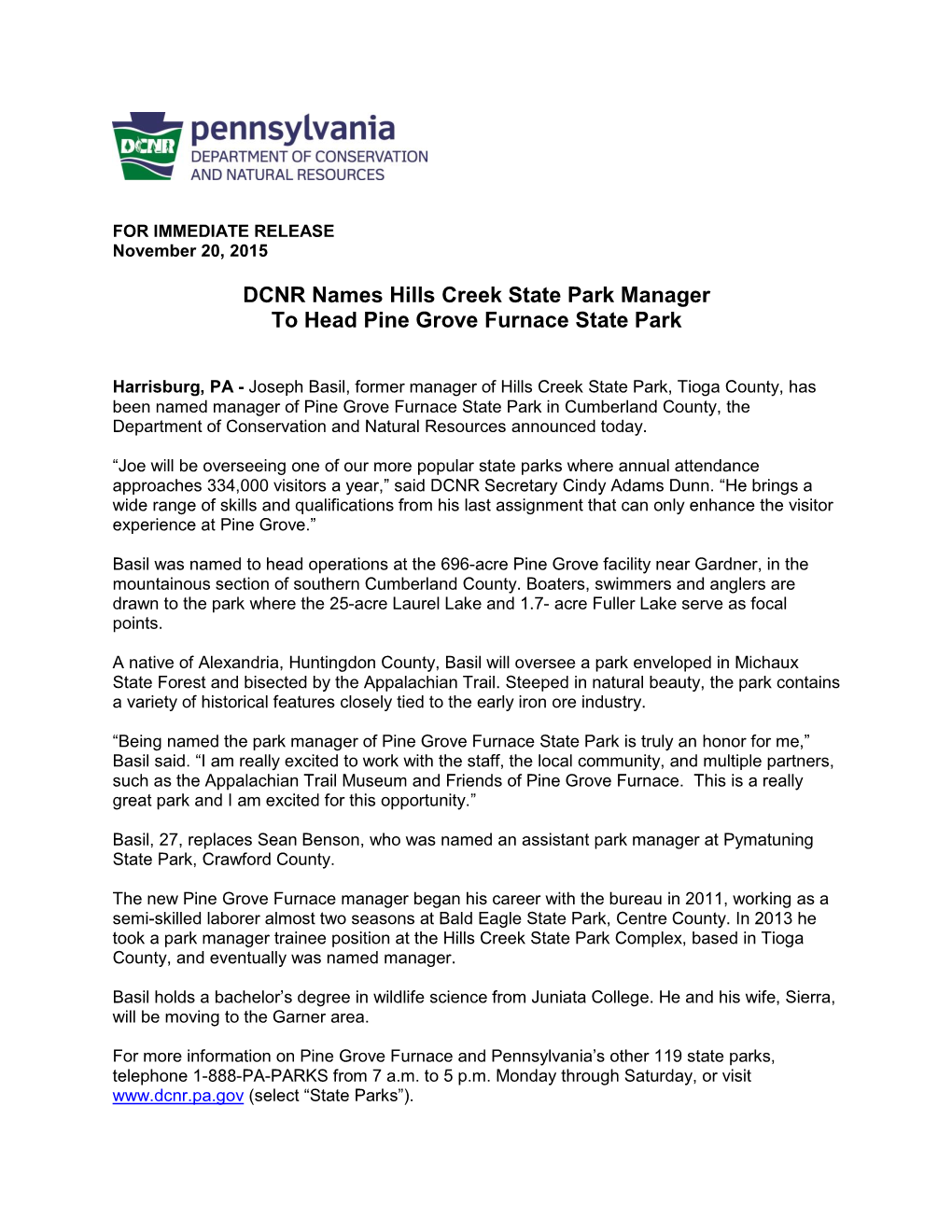 DCNR Names Hills Creek State Park Manager to Head Pine Grove Furnace State Park