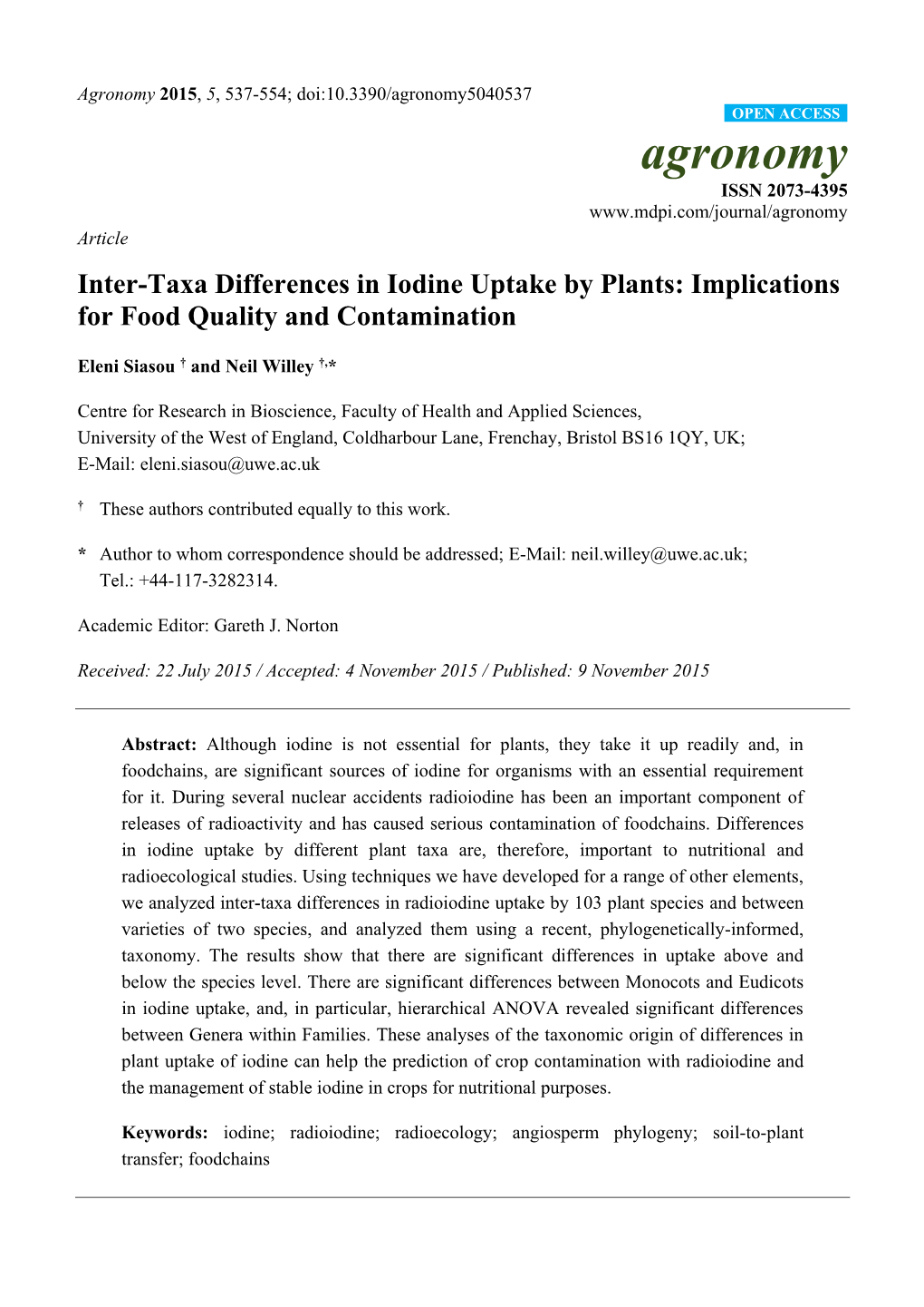 Inter-Taxa Differences in Iodine Uptake by Plants: Implications for Food Quality and Contamination