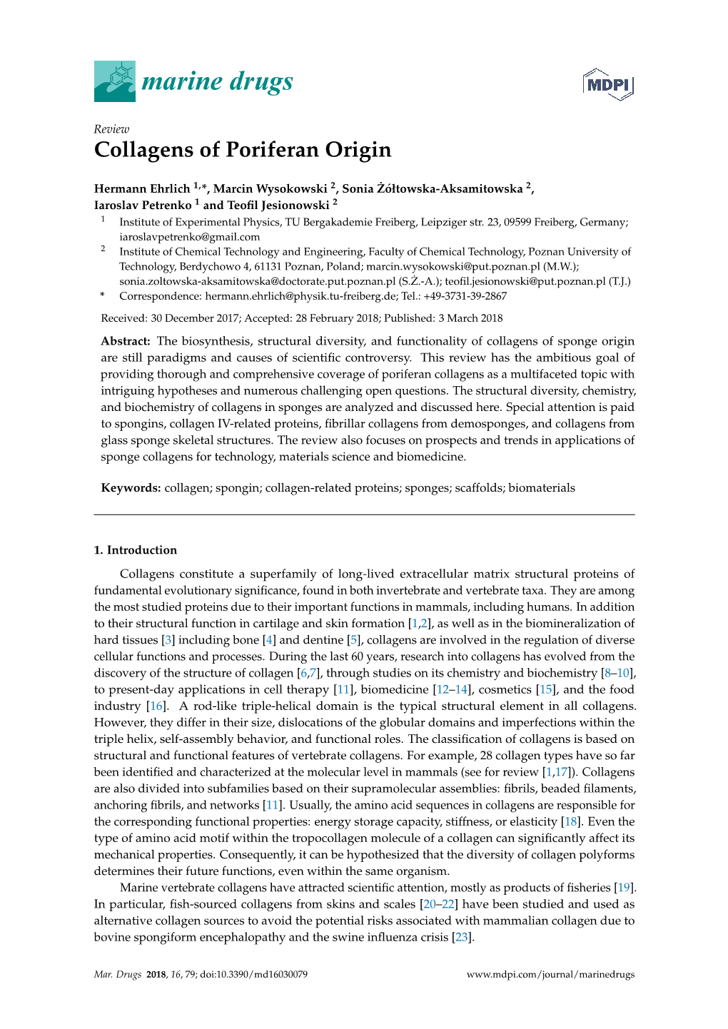 Collagens of Poriferan Origin