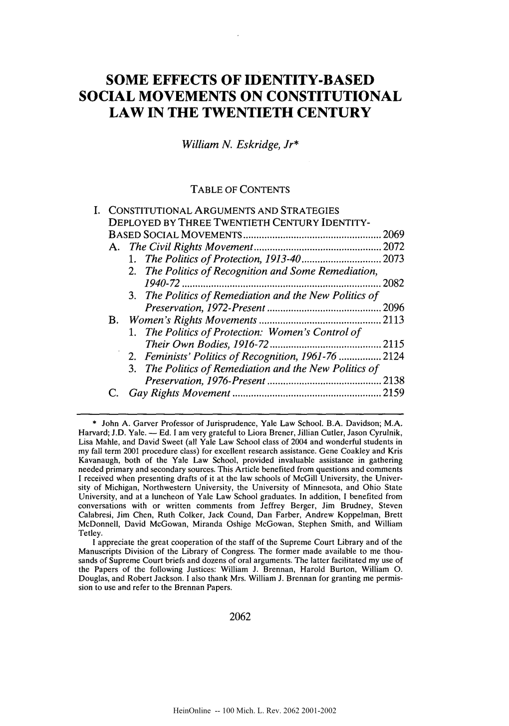 Some Effects of Identity-Based Social Movements on Constitutional Law in the Twentieth Century