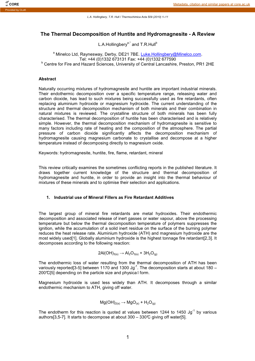 The Thermal Decomposition of Huntite and Hydromagnesite - a Review