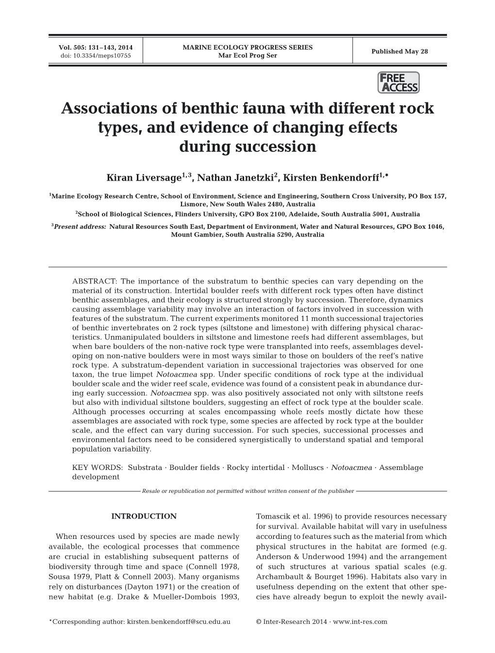 Associations of Benthic Fauna with Different Rock Types, and Evidence of Changing Effects During Succession