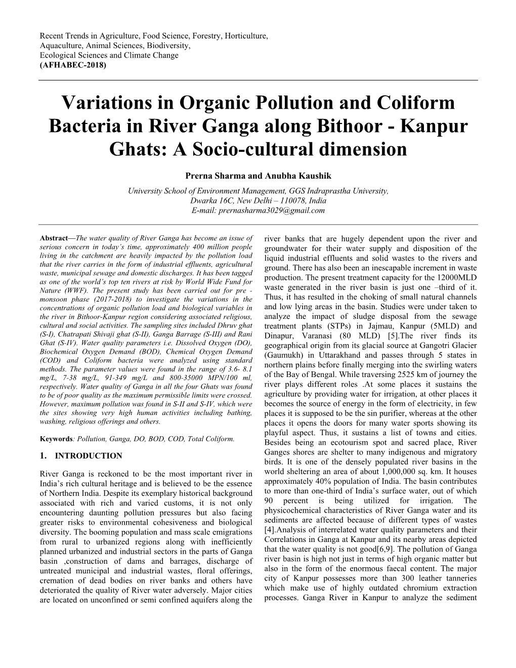 Variations in Organic Pollution and Coliform Bacteria in River Ganga Along Bithoor - Kanpur Ghats: a Socio-Cultural Dimension
