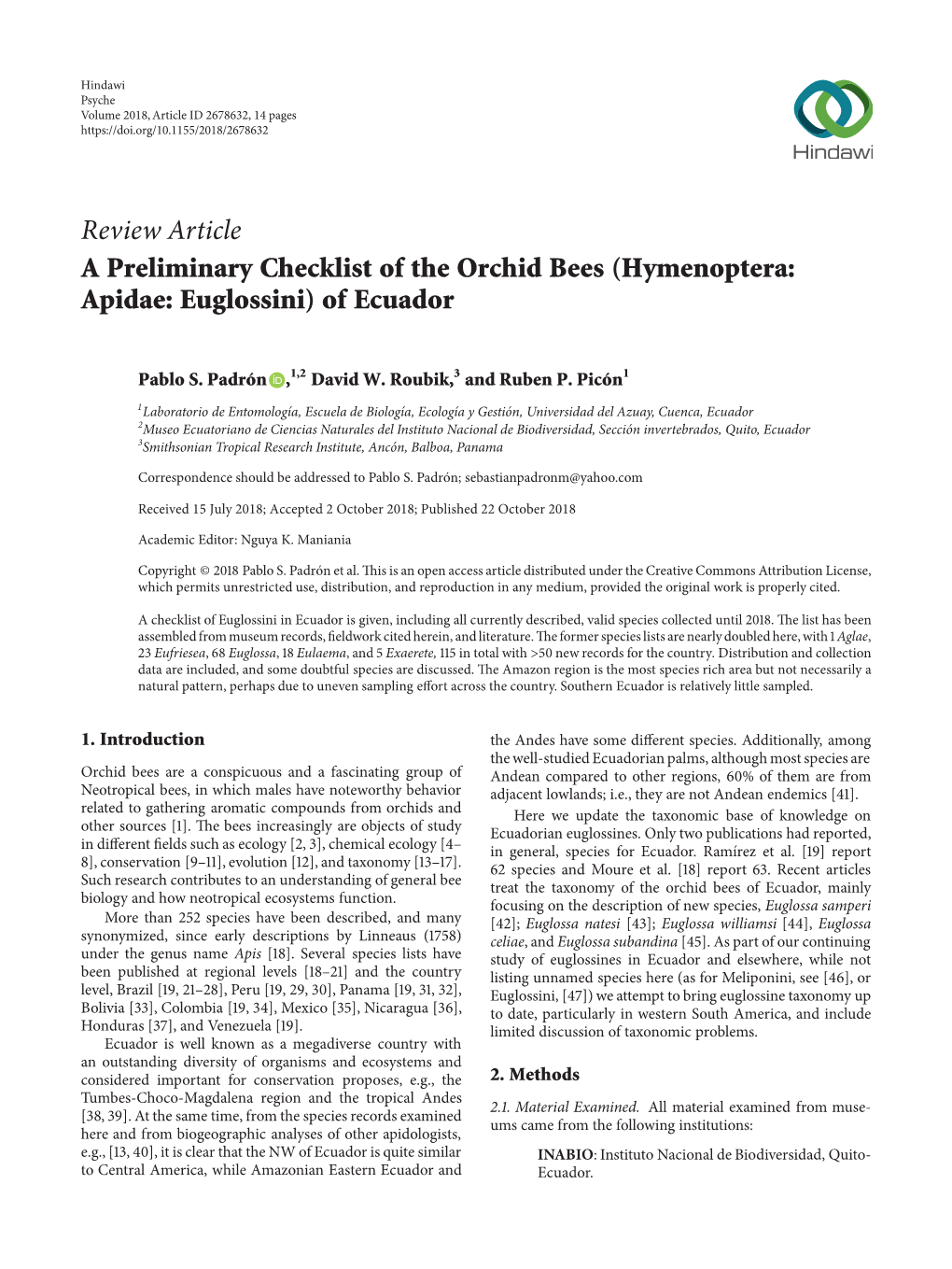 Review Article a Preliminary Checklist of the Orchid Bees (Hymenoptera: Apidae: Euglossini) of Ecuador