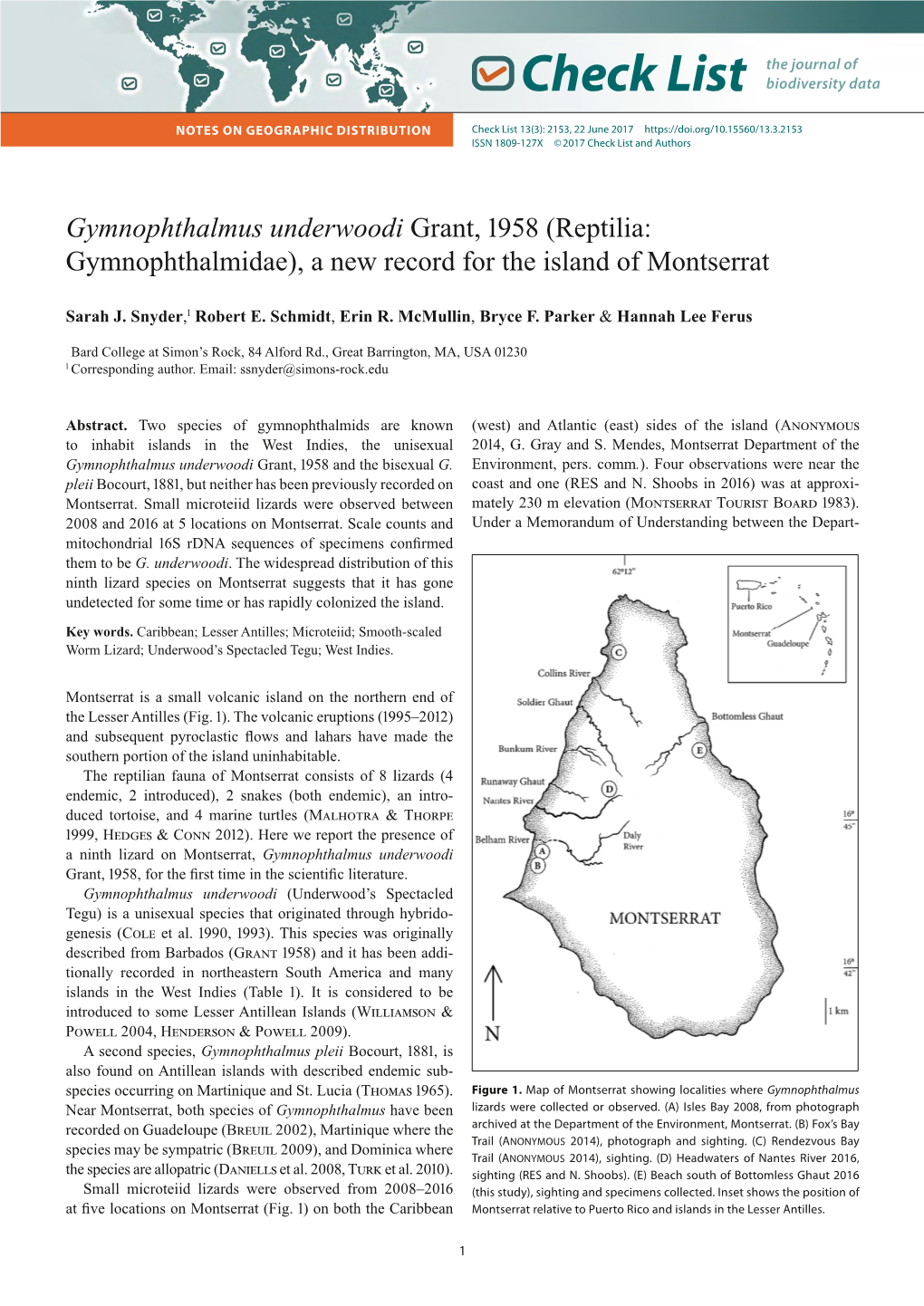 Gymnophthalmus Underwoodi Grant, 1958 (Reptilia: Gymnophthalmidae), a New Record for the Island of Montserrat