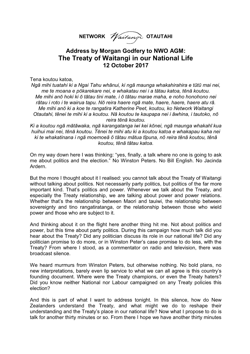 The Treaty of Waitangi in Our National Life 12 October 2017