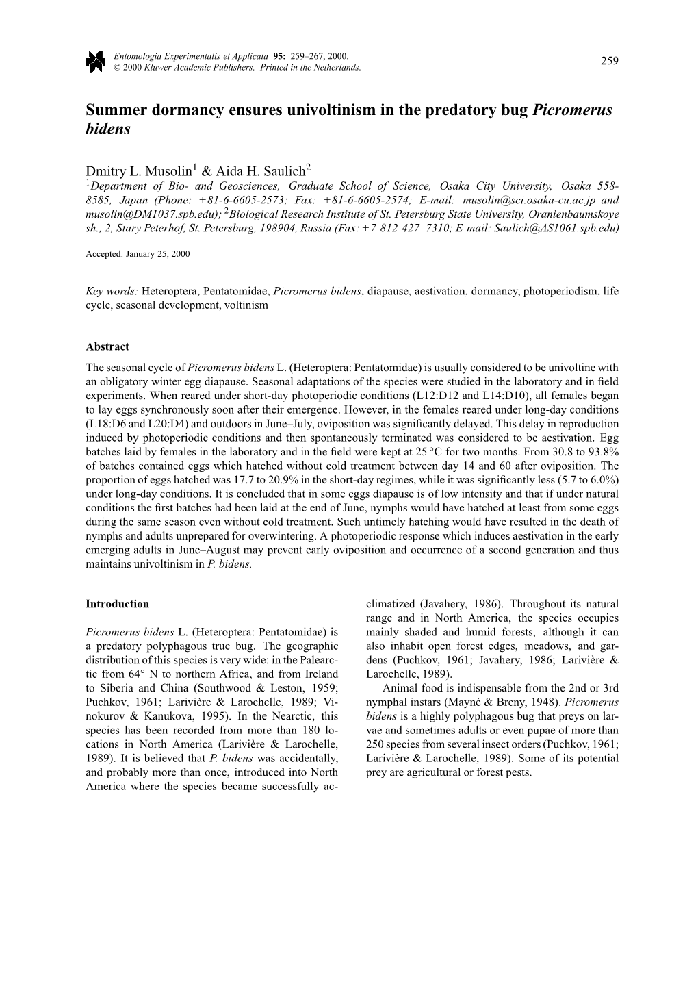 Summer Dormancy Ensures Univoltinism in the Predatory Bug Picromerus Bidens