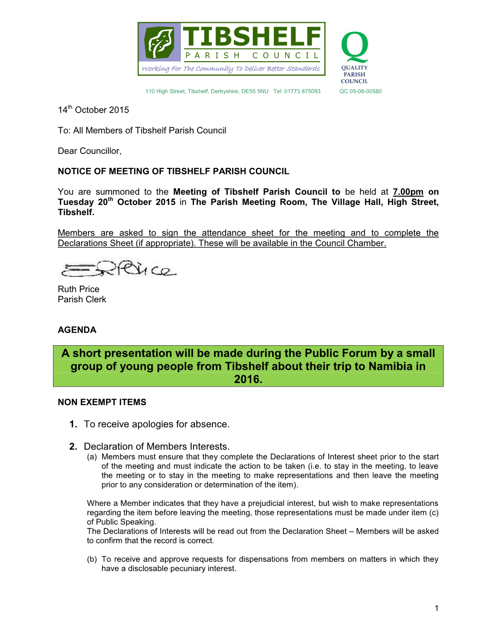 Tuesday 20Th October 2015 in the Parish Meeting Room, the Village Hall, High Street, Tibshelf