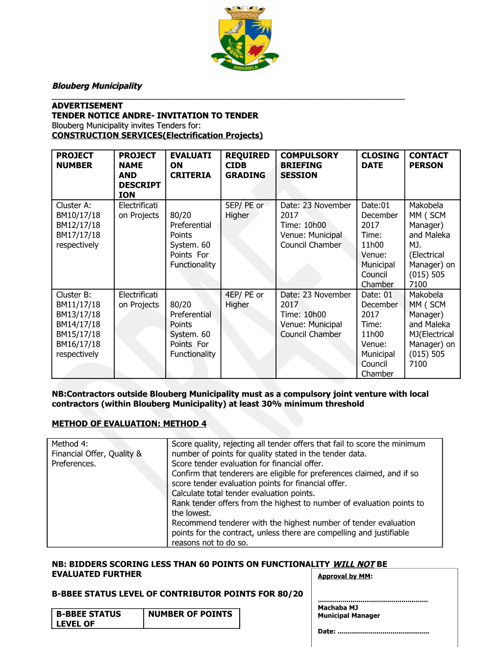 Tender Notice Andre- Invitation to Tender