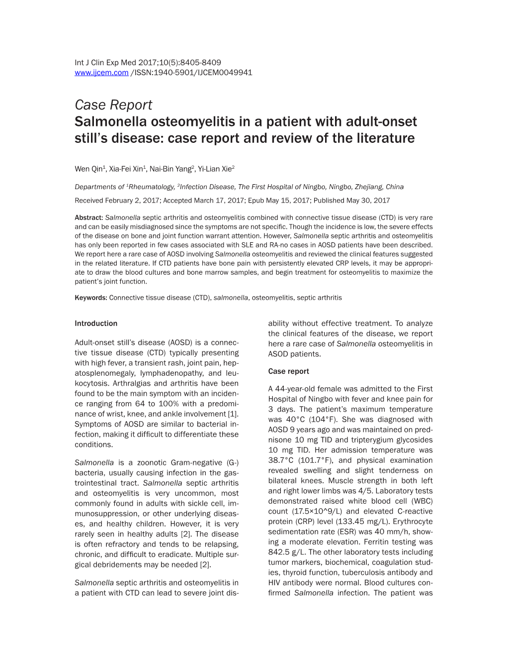 Case Report Salmonella Osteomyelitis in a Patient with Adult-Onset Still's