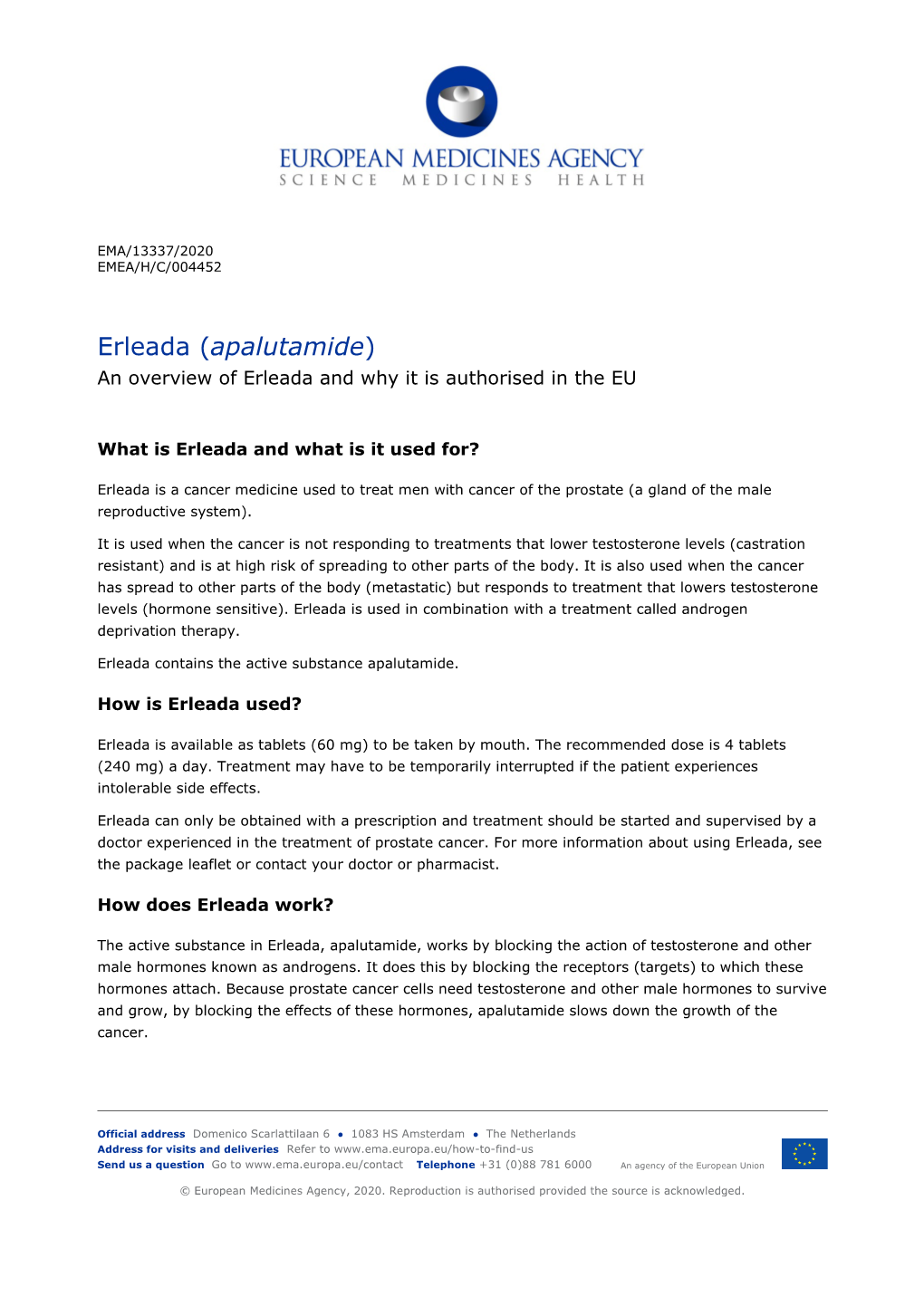 Apalutamide) an Overview of Erleada and Why It Is Authorised in the EU