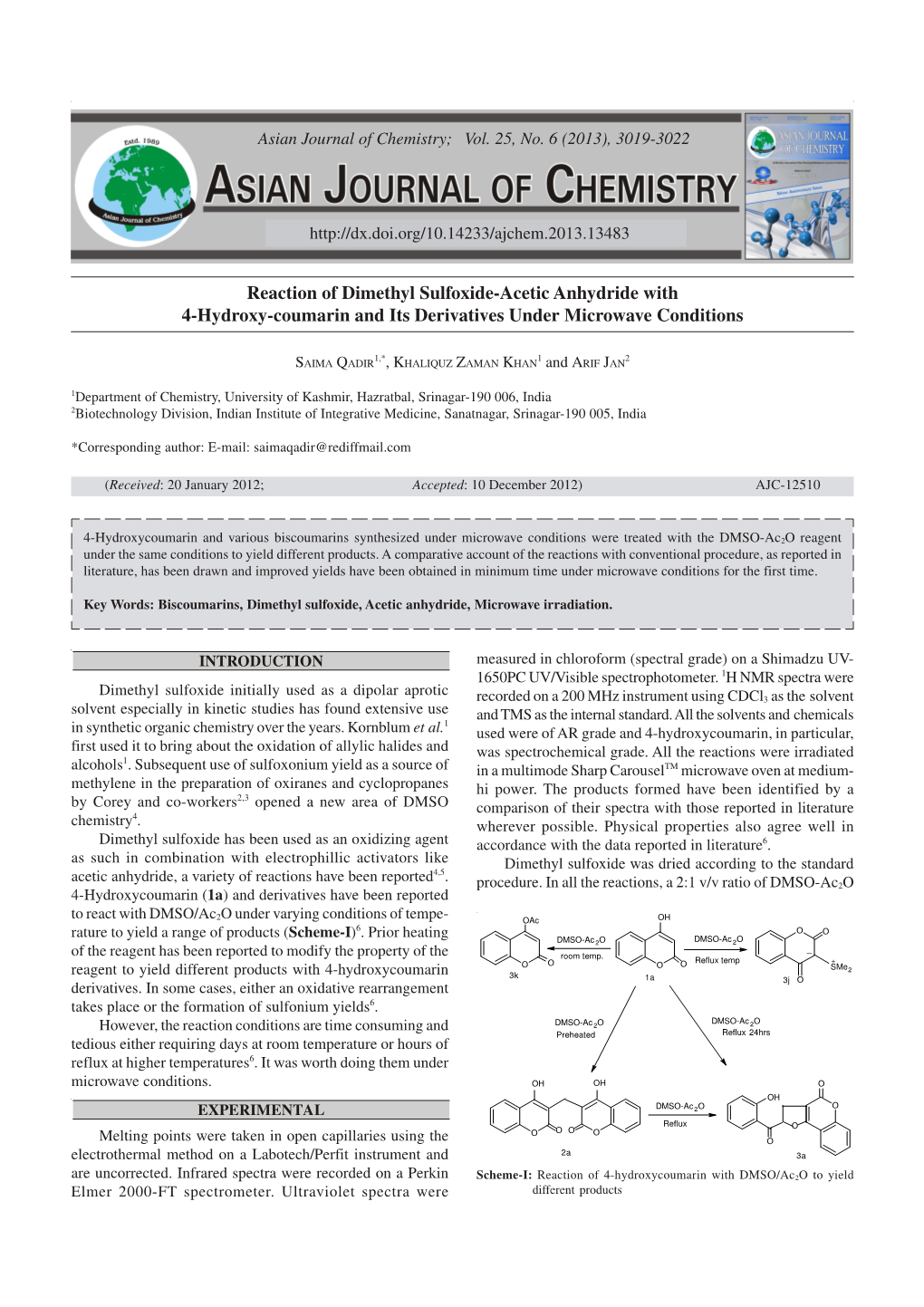 Reaction of Dimethyl Sulfoxide-Acetic Anhydride with 4-Hydroxy-Coumarin and Its Derivatives Under Microwave Conditions