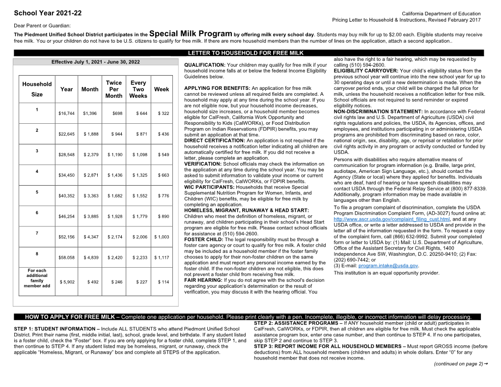 Letter to Parents + Special Milk Program App, 7-28-2021