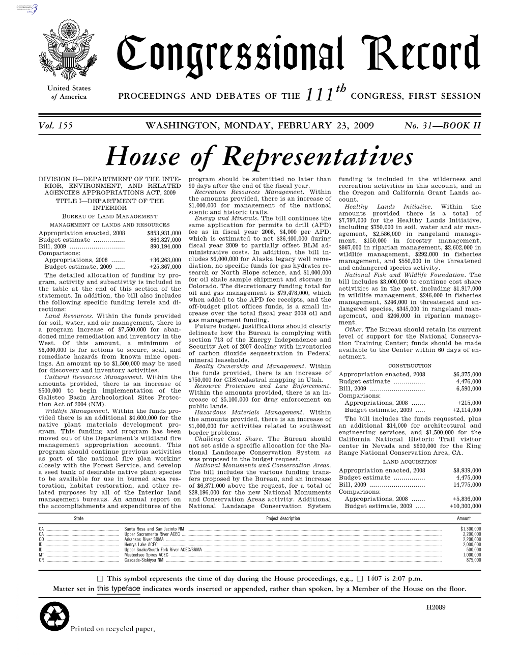 Congressional Record United States Th of America PROCEEDINGS and DEBATES of the 111 CONGRESS, FIRST SESSION