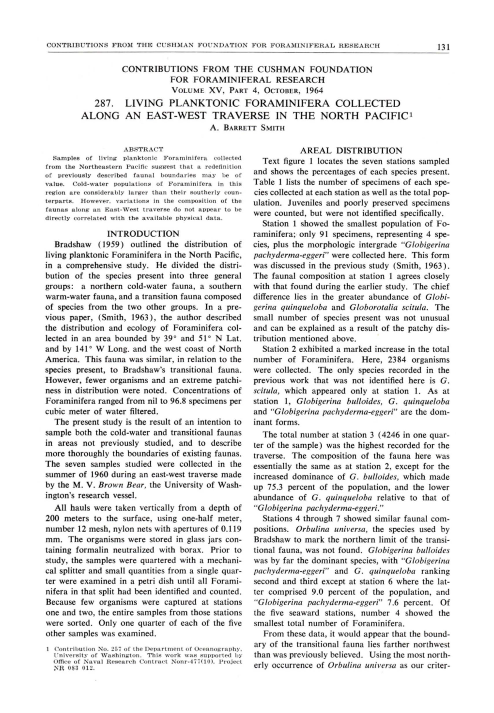 287. LIVING PLANKTONIC FORAMINIFERA COLLECTED ALONG an EAST-WEST TRAVERSE in the NORTH Pacificl A