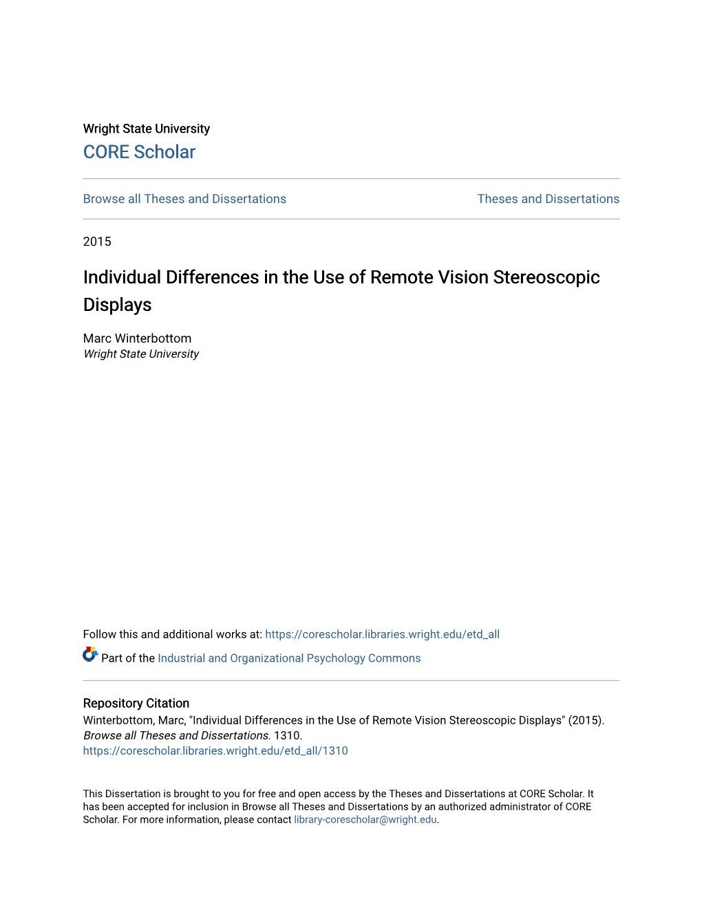 Individual Differences in the Use of Remote Vision Stereoscopic Displays