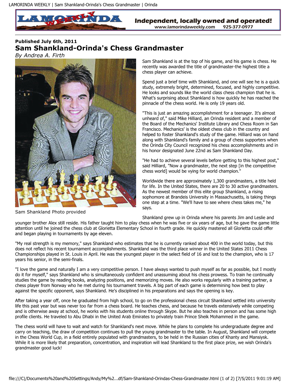 Sam Shankland-Orinda's Chess Grandmaster | Orinda