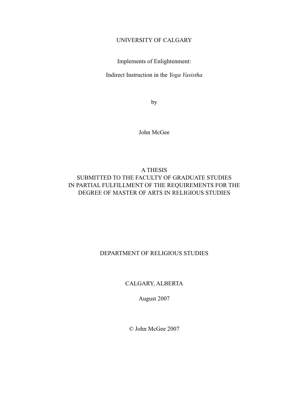 Indirect Instruction in the Yoga Vasistha by John Mcgee a THESIS