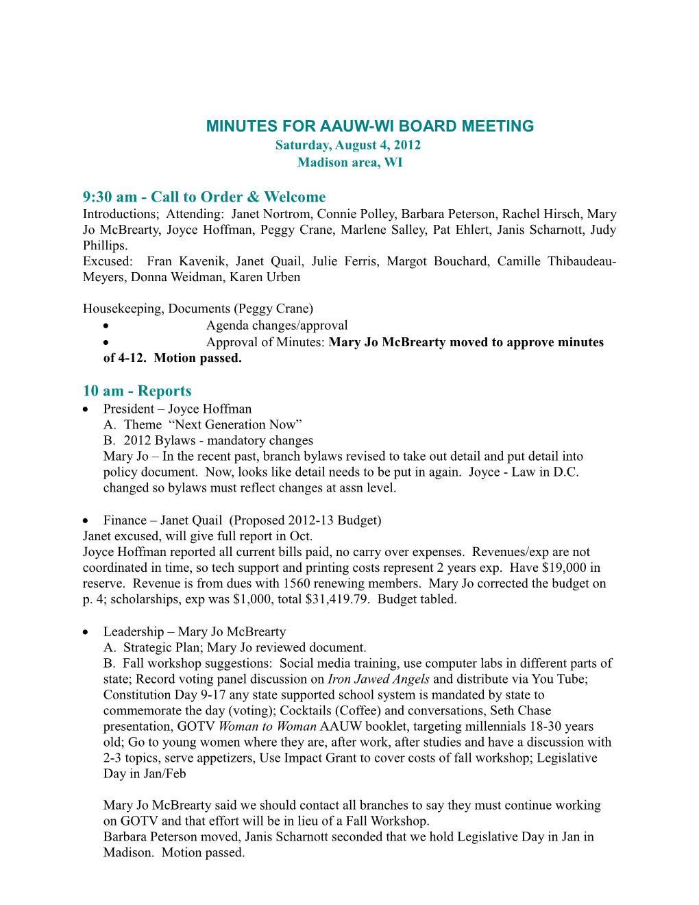Minutes for Aauw-Wi Board Meeting