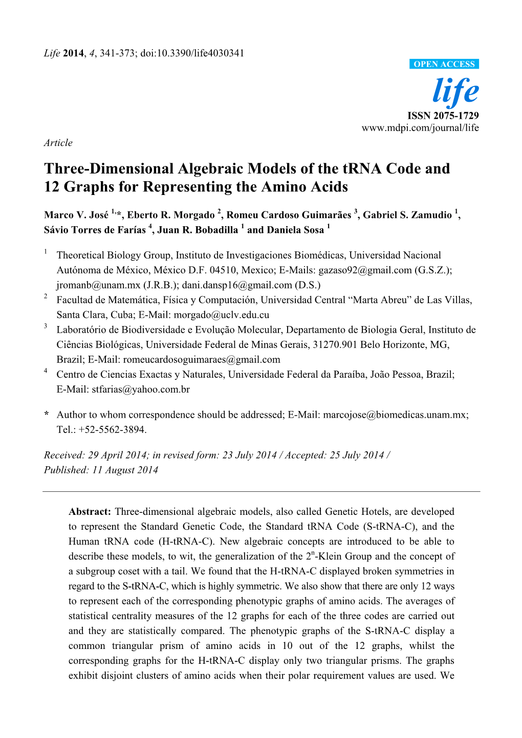 Three-Dimensional Algebraic Models of the Trna Code and 12 Graphs for Representing the Amino Acids