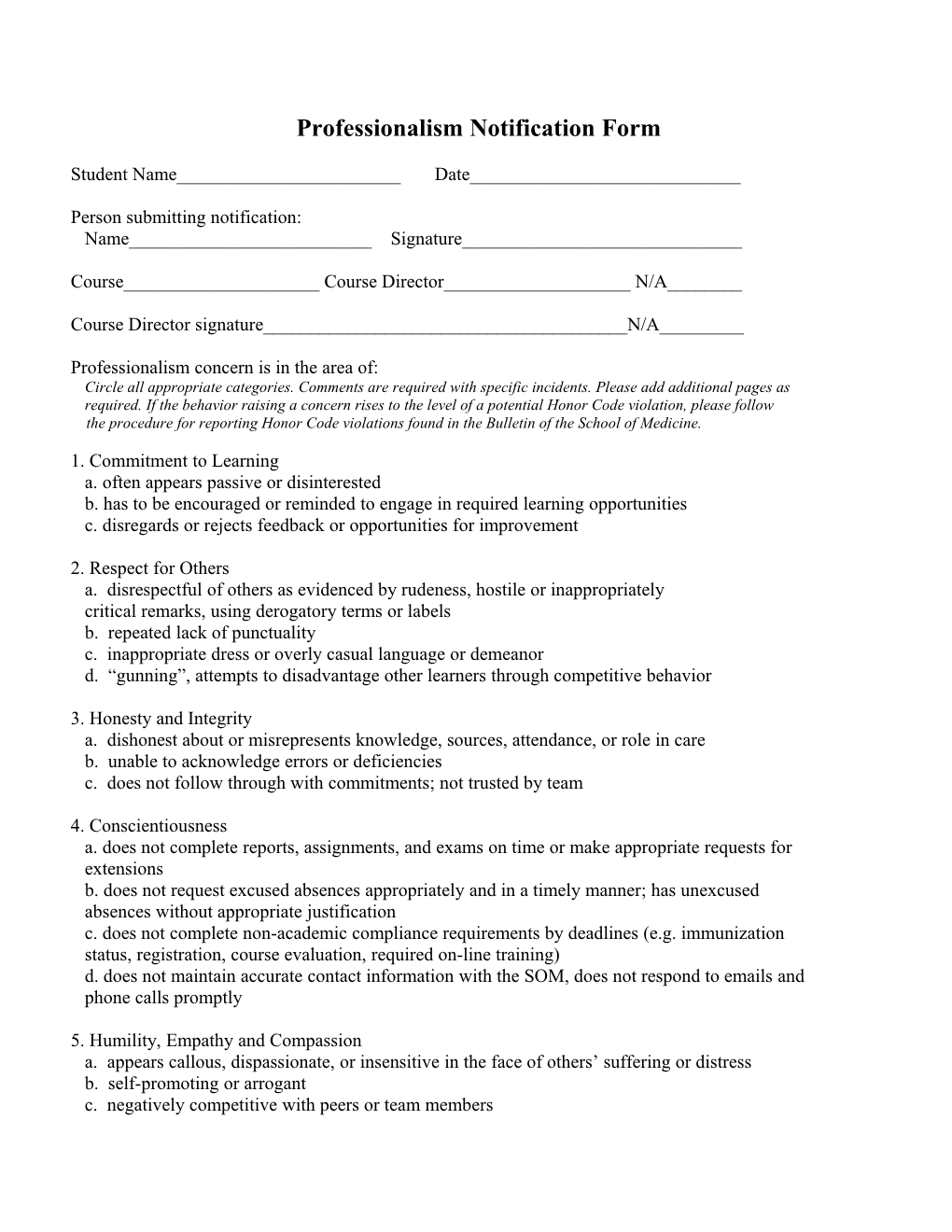 Professionalism Notification Form