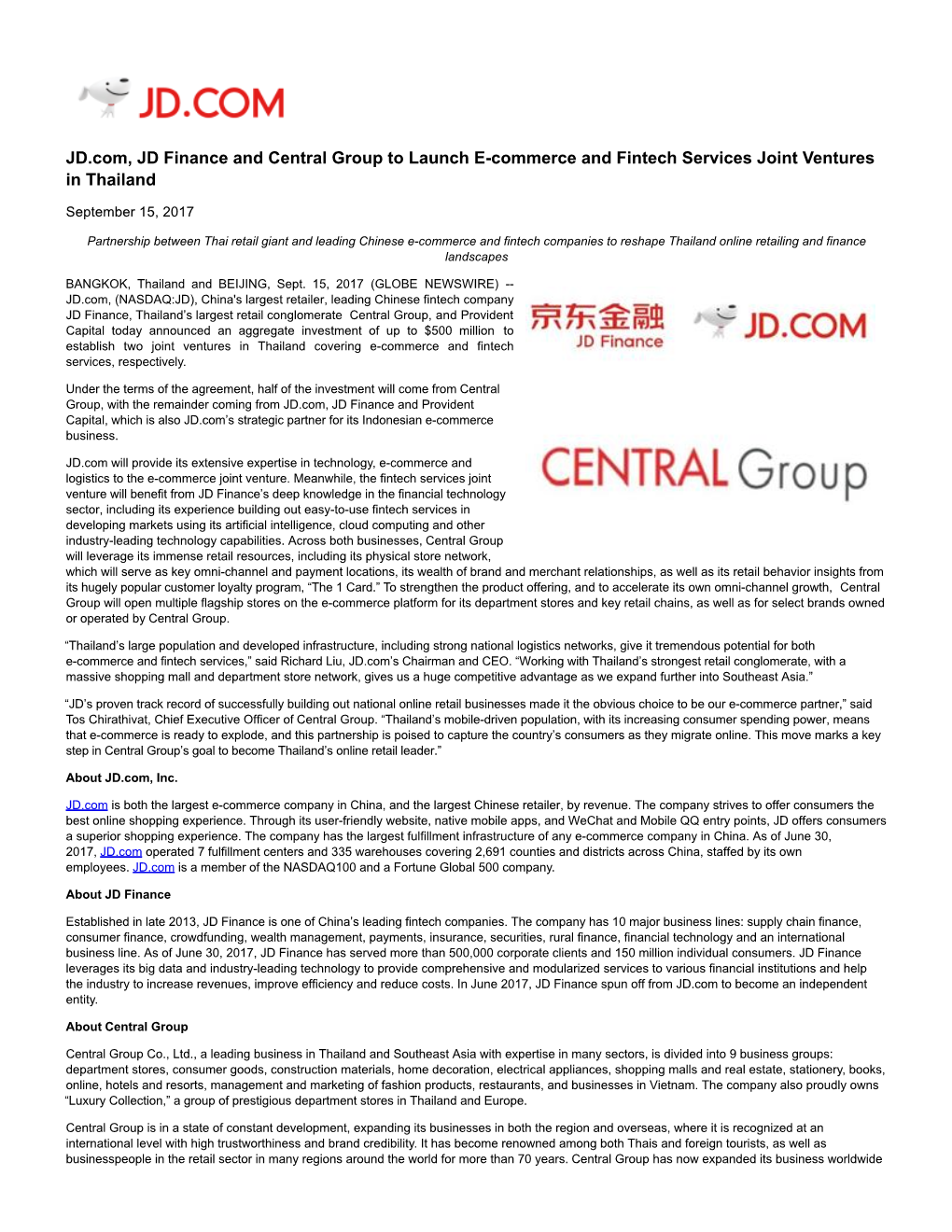 JD.Com, JD Finance and Central Group to Launch E-Commerce and Fintech Services Joint Ventures in Thailand