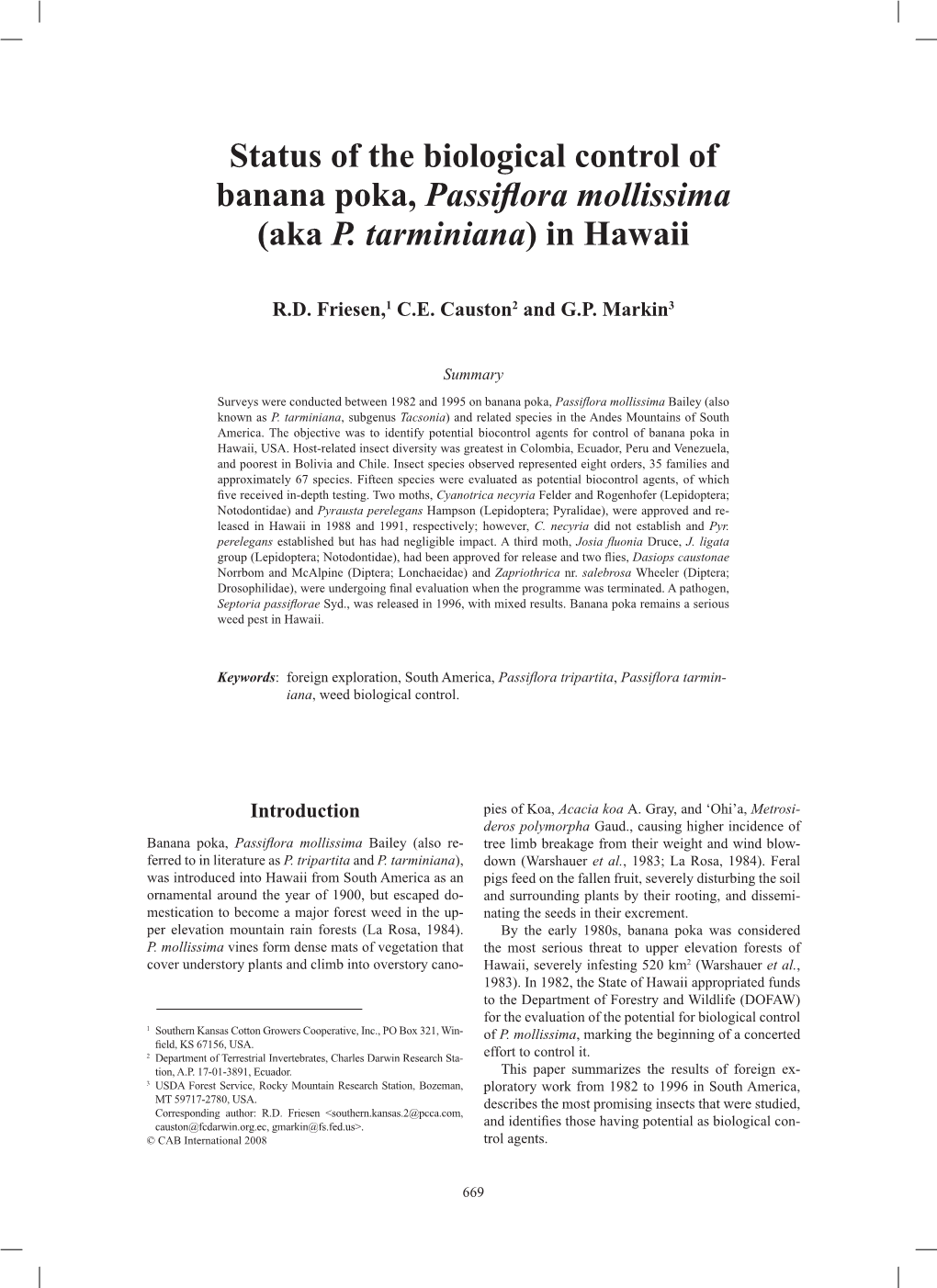 Status of Biological Control of Banana Poka, P