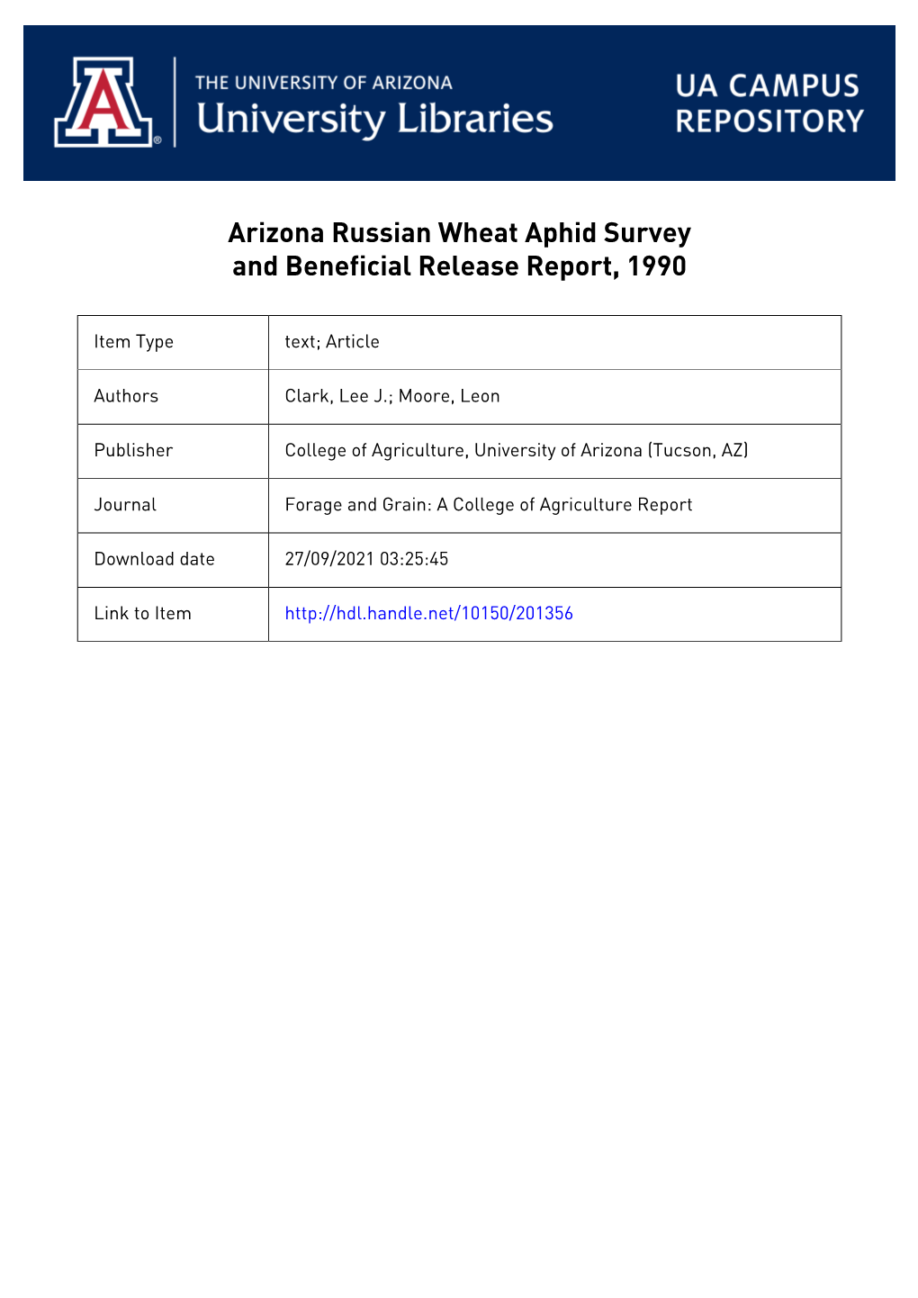 Arizona Russian Wheat Aphid Survey and Beneficial Release Report, 1990