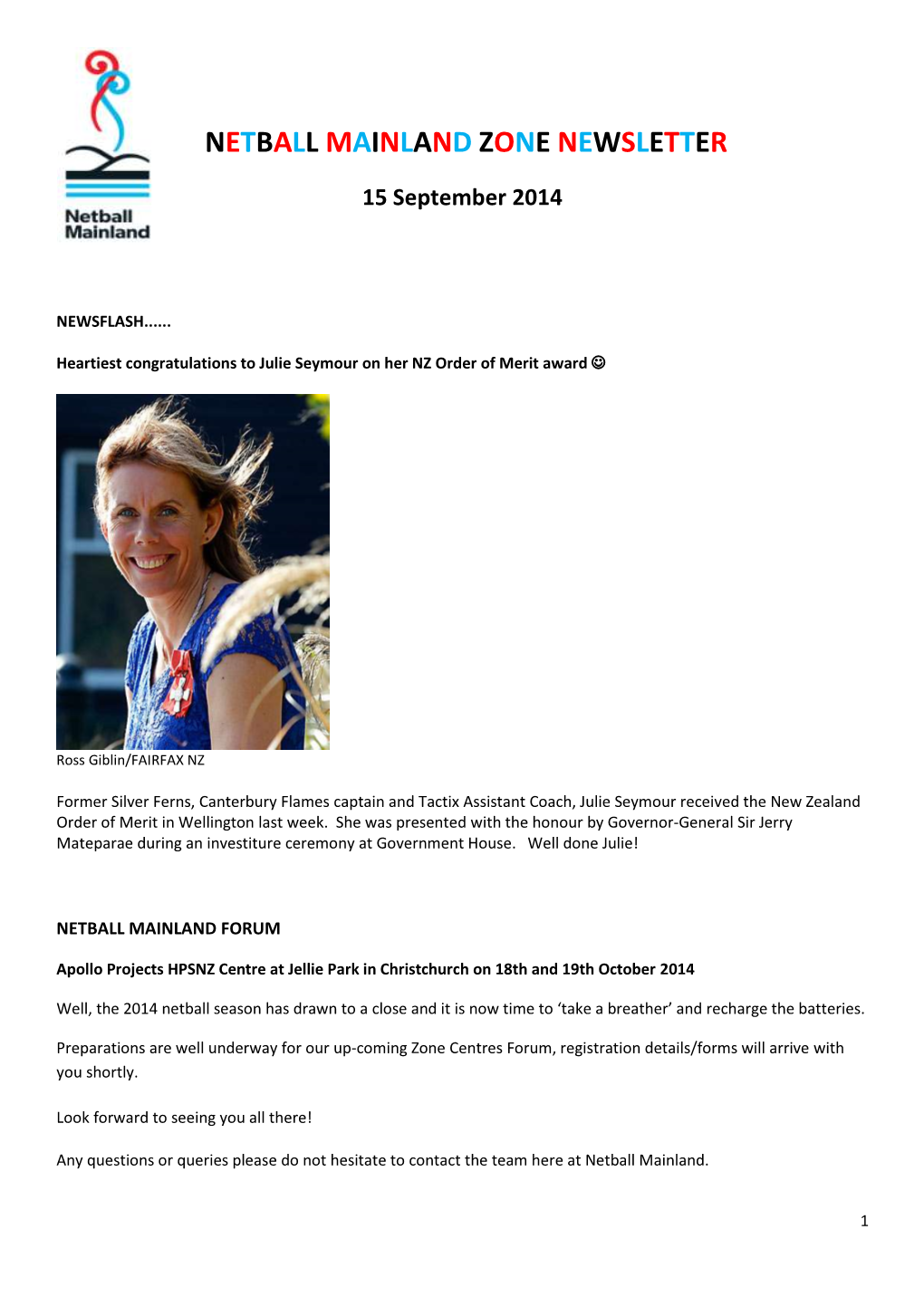 Netball Mainland Zone Newsletter