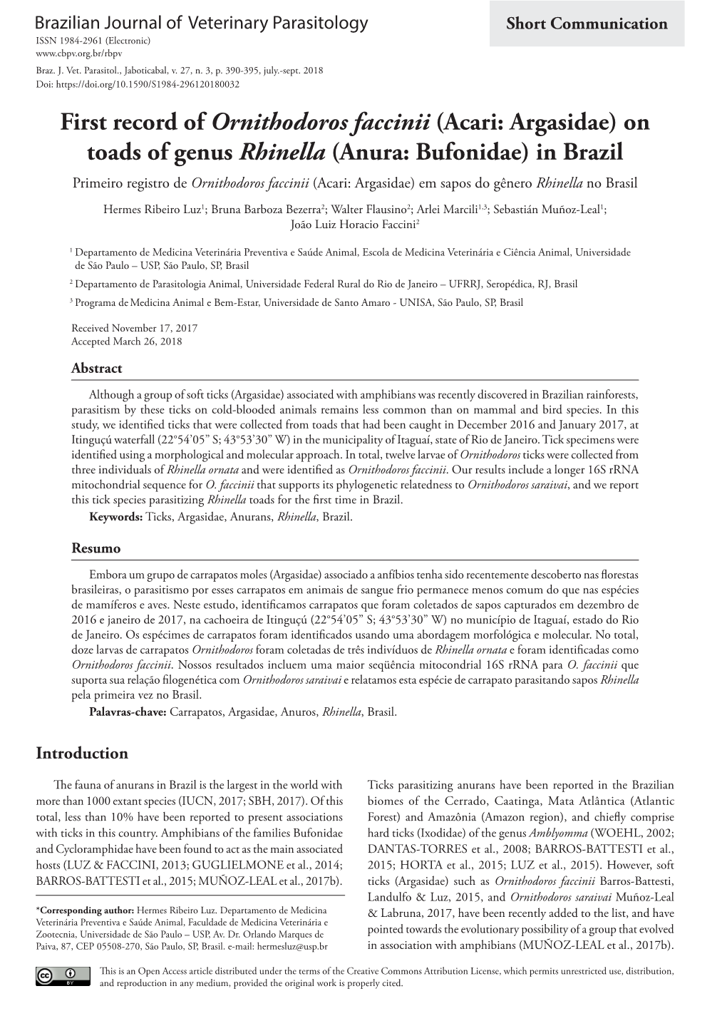 First Record of Ornithodoros Faccinii (Acari