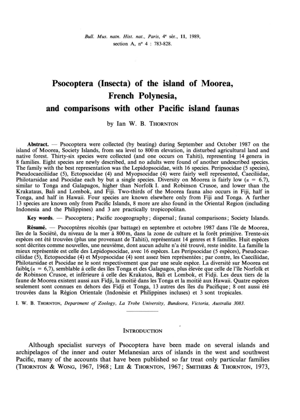 Psocoptera (Insecta) of the Island French Polynesia, and Comparisons with Other Pacific Island Faunas of Moorea