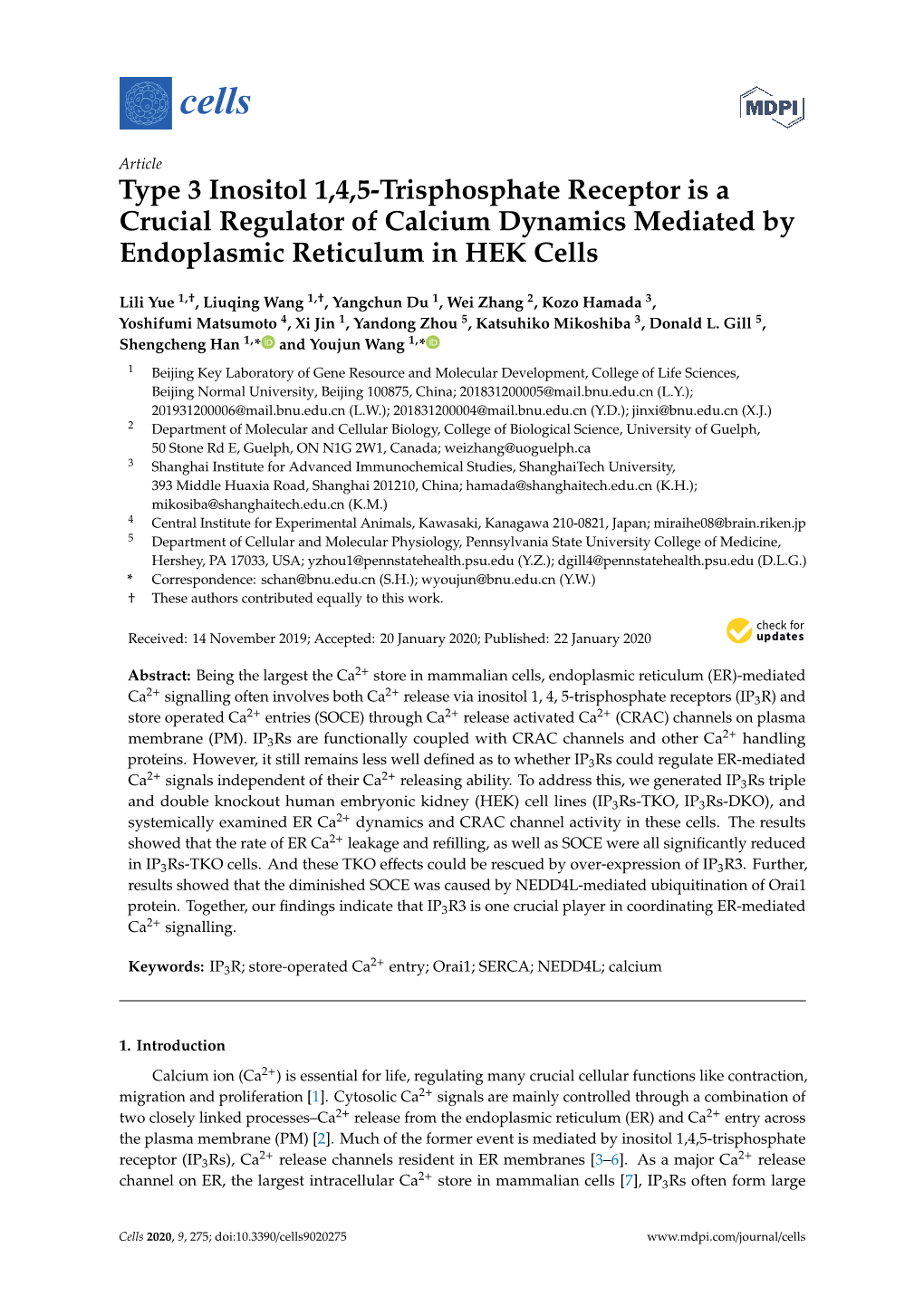 Type 3 Inositol 1,4,5-Trisphosphate Receptor Is a Crucial Regulator of Calcium Dynamics Mediated by Endoplasmic Reticulum in HEK Cells