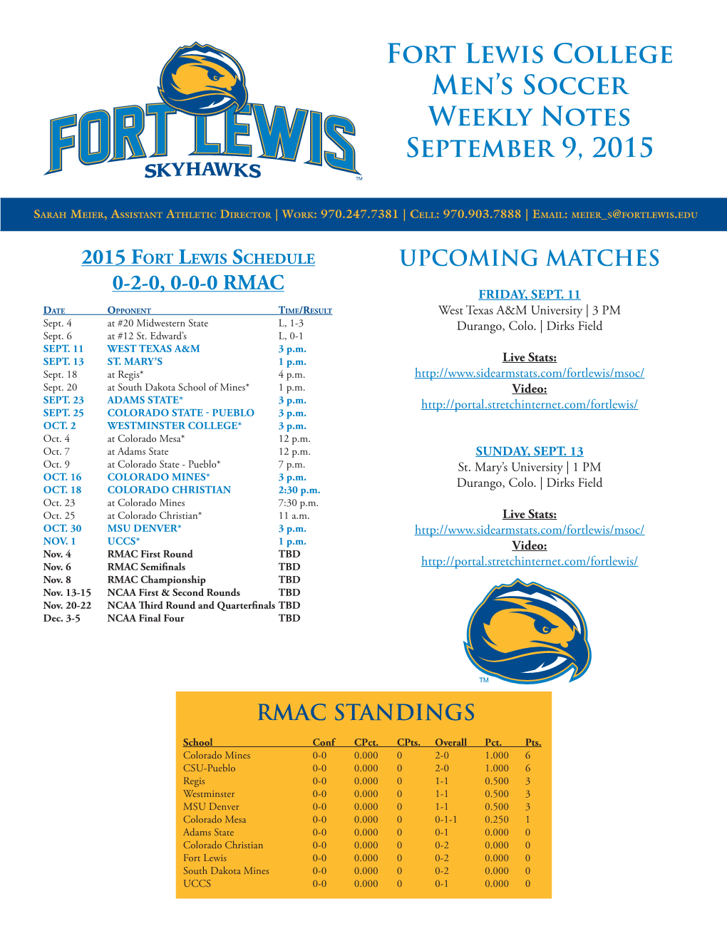Fort Lewis College Men's Soccer Weekly Notes September 9, 2015