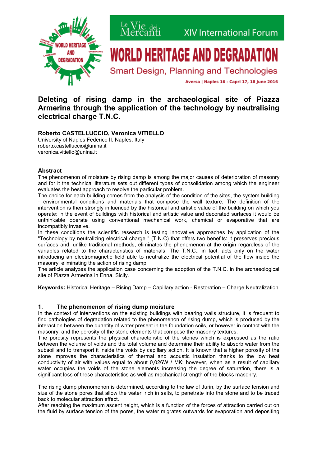 Deleting of Rising Damp in the Archaeological Site of Piazza Armerina Through the Application of the Technology by Neutralising Electrical Charge T.N.C