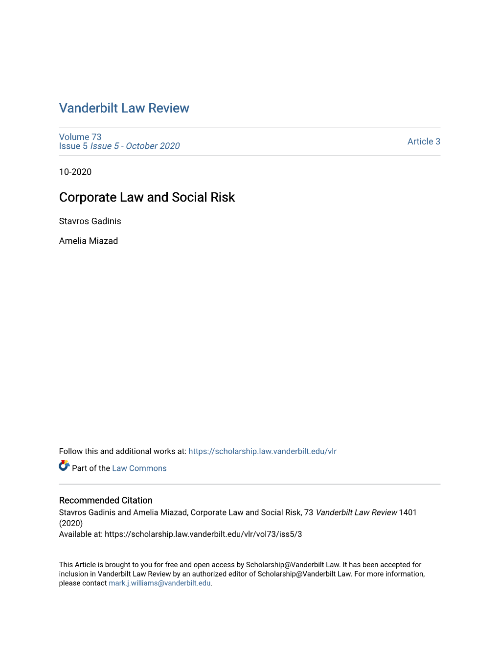 Corporate Law and Social Risk