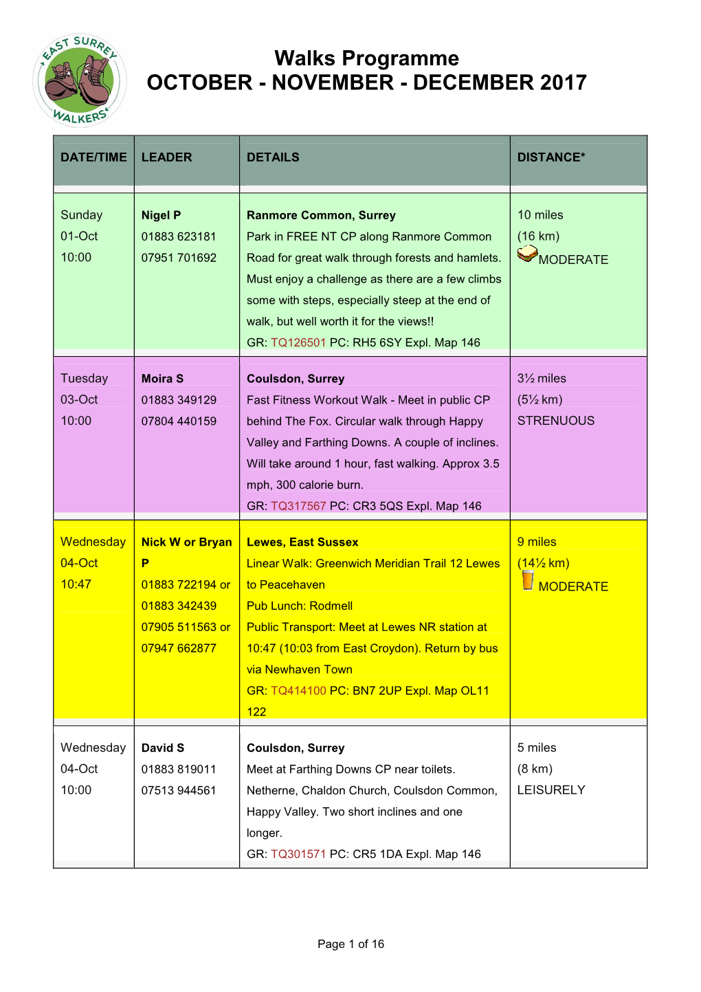 Walks Programme OCTOBER - NOVEMBER - DECEMBER 2017