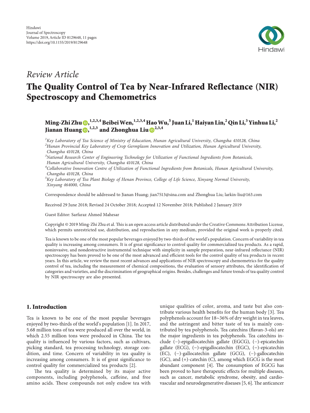 The Quality Control of Tea by Near-Infrared Reflectance (NIR) Spectroscopy and Chemometrics