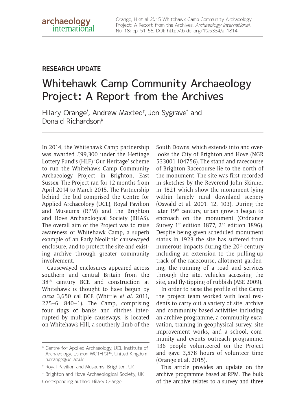 Whitehawk Camp Community Archaeology Project: a Report from the Archives