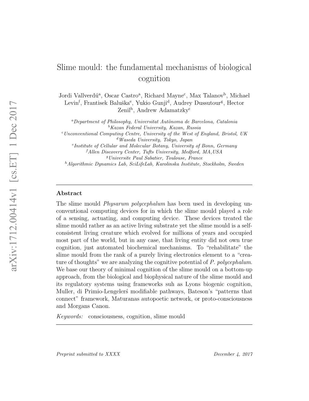 Slime Mould: the Fundamental Mechanisms of Cognition