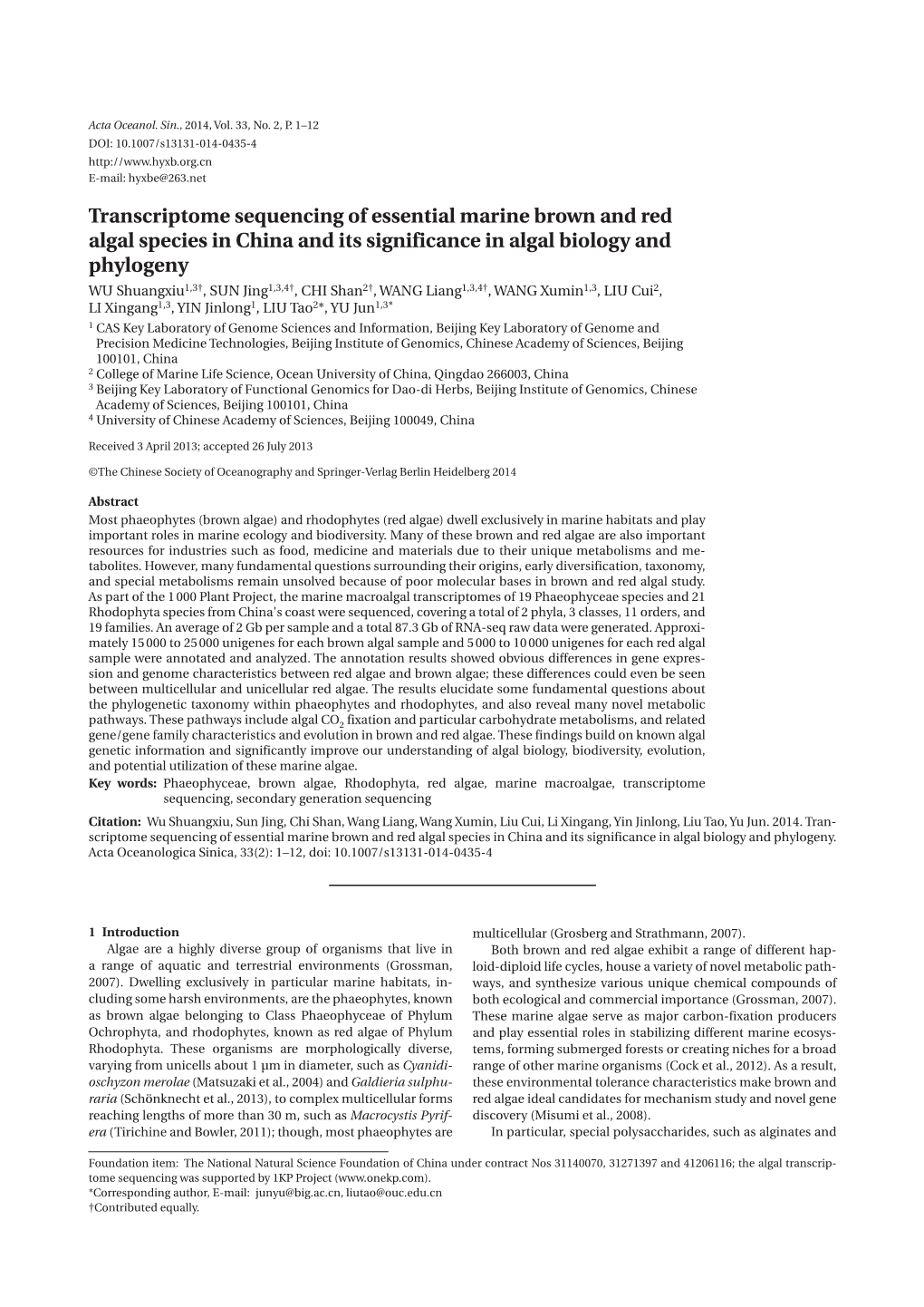 Transcriptome Sequencing of Essential Marine Brown and Red